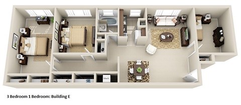 Floor plan for 3 beds, 1 bath, 900 sqft